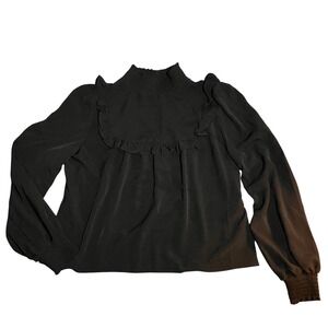 French Black Ruffle Smocked Mock Neck Blouse Balloon Sleeve L Capsule Whimsigoth